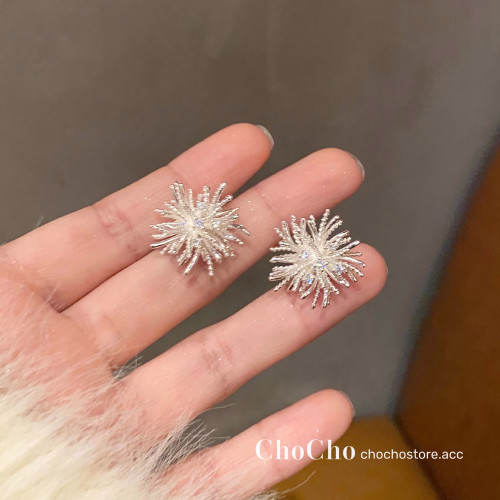 chocho/銀霜落 韓系精緻鋯石花朵耳釘高級感獨特設計感耳環耳飾女