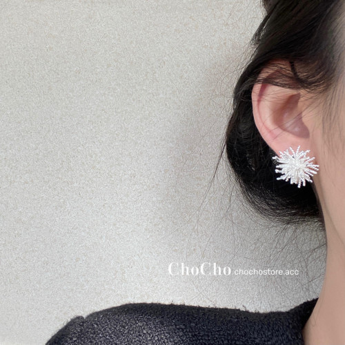 chocho/銀霜落 韓系精緻鋯石花朵耳釘高級感獨特設計感耳環耳飾女