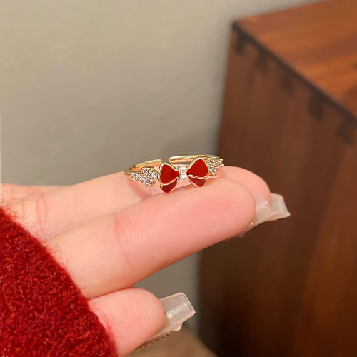 紅色蝴蝶結新年開口戒指女2026新款爆款輕奢高級感指環小衆設計