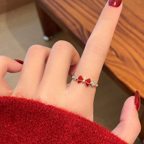 紅色蝴蝶結新年開口戒指女2026新款爆款輕奢高級感指環小衆設計