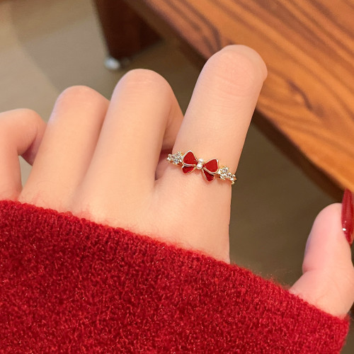 紅色蝴蝶結新年開口戒指女2026新款爆款輕奢高級感指環小衆設計