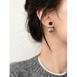 DOUDOUSTORE潮酷暗黑幾何黑瑪瑙圓球金屬球耳環女兩戴耳釘