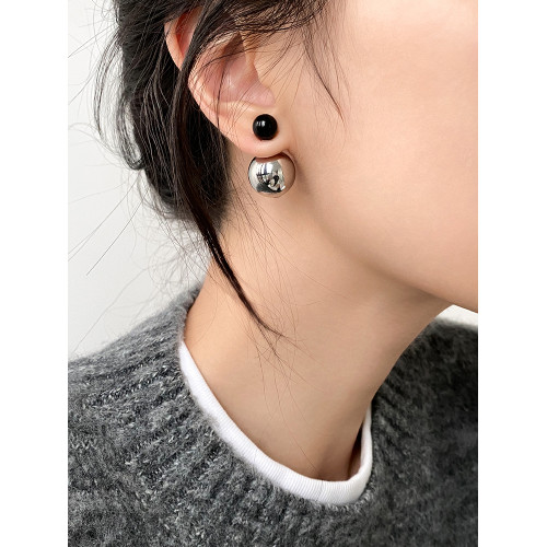 DOUDOUSTORE潮酷暗黑幾何黑瑪瑙圓球金屬球耳環女兩戴耳釘