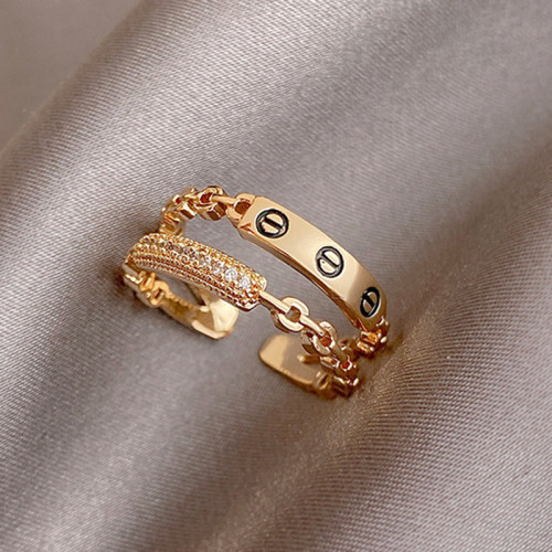 微鑲鋯石開口戒個性鏈條雙層戒指女高級感時尚指環韓版個性女禮物