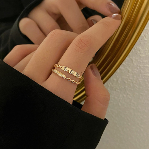 微鑲鋯石開口戒個性鏈條雙層戒指女高級感時尚指環韓版個性女禮物