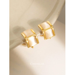 法式復古香檳金貓眼石耳環方塊耳夾無耳洞高級感輕奢簡約通勤耳釘