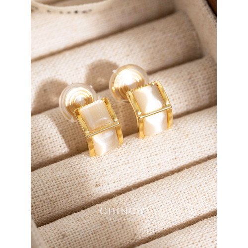 法式復古香檳金貓眼石耳環方塊耳夾無耳洞高級感輕奢簡約通勤耳釘