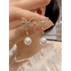 2025年新款微鑲鋯石珍珠蝴蝶結耳環女小衆設計感時尚耳墜氣質耳飾