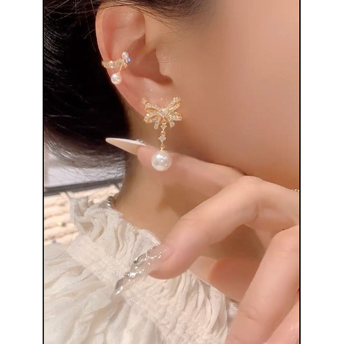 2025年新款微鑲鋯石珍珠蝴蝶結耳環女小衆設計感時尚耳墜氣質耳飾