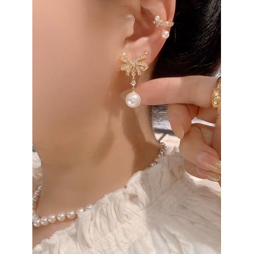 2025年新款微鑲鋯石珍珠蝴蝶結耳環女小衆設計感時尚耳墜氣質耳飾