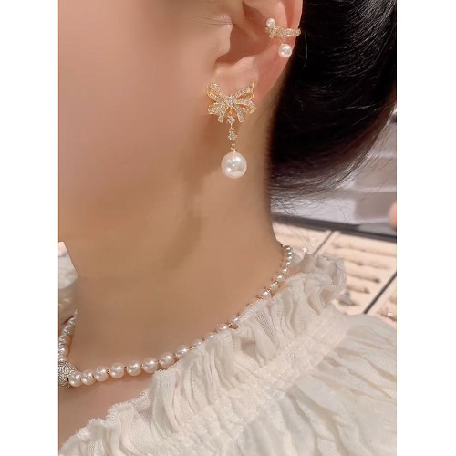 2025年新款微鑲鋯石珍珠蝴蝶結耳環女小衆設計感時尚耳墜氣質耳飾