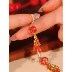 長款流蘇燈籠鞭砲耳釦耳環女設計感網紅百搭耳飾圓臉大臉新年耳墜