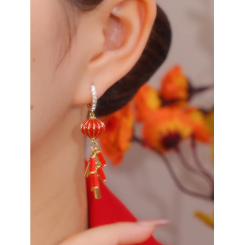 長款流蘇燈籠鞭砲耳釦耳環女設計感網紅百搭耳飾圓臉大臉新年耳墜