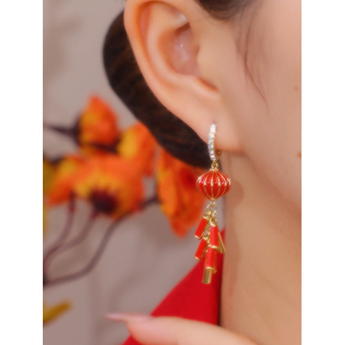 長款流蘇燈籠鞭砲耳釦耳環女設計感網紅百搭耳飾圓臉大臉新年耳墜