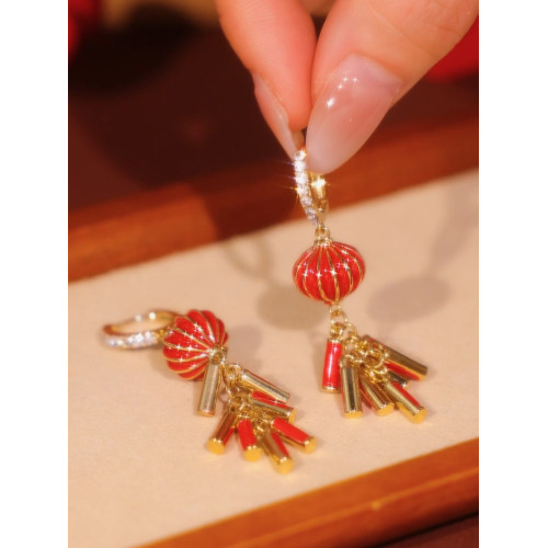 長款流蘇燈籠鞭砲耳釦耳環女設計感網紅百搭耳飾圓臉大臉新年耳墜