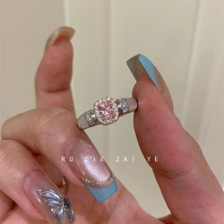 如蝶在野 中古vintage鋯石方糖戒指粉色名媛高級感輕奢千金開口戒