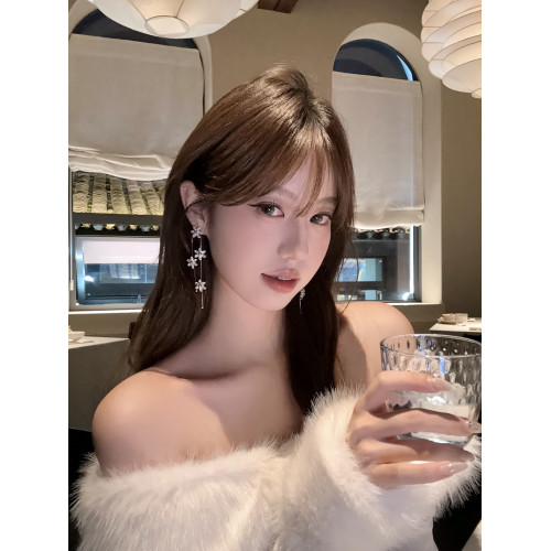 【蜜桃茶】冬日戀書 閃鋯聖誕雪花流蘇耳環長款誇張獨特漂亮耳飾