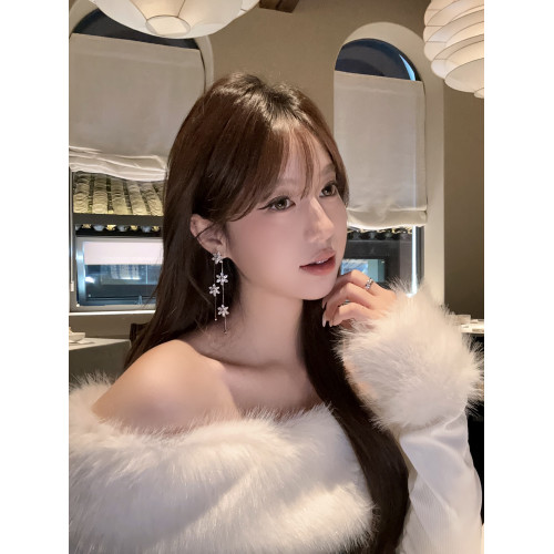 【蜜桃茶】冬日戀書 閃鋯聖誕雪花流蘇耳環長款誇張獨特漂亮耳飾