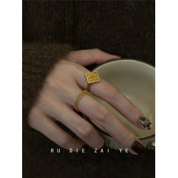 如蝶在野 vintage中古布契風四葉戒指輕奢高級感抽拉可調節戒指