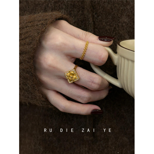 如蝶在野 vintage中古布契風四葉戒指輕奢高級感抽拉可調節戒指