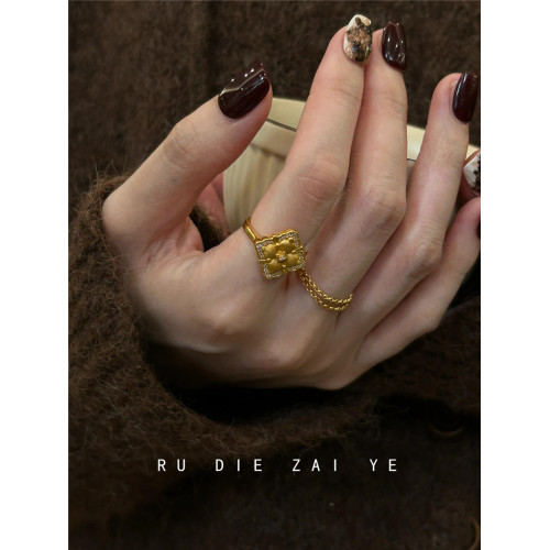 如蝶在野 vintage中古布契風四葉戒指輕奢高級感抽拉可調節戒指