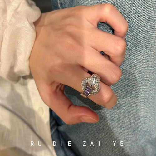 如蝶在野 紫璃~中古vintage紫色元寶釦戒指輕奢清冷高級感開口戒