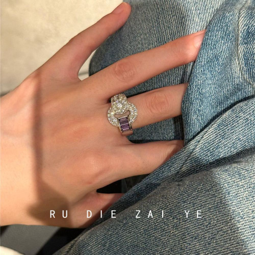 如蝶在野 紫璃~中古vintage紫色元寶釦戒指輕奢清冷高級感開口戒