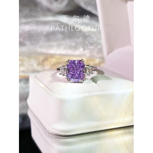 18K鍍金3克拉櫻花粉雷迪恩高碳鑽石戒指爆閃奢華長方糖大鑽戒禮物