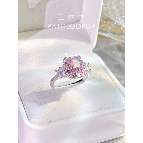 18K鍍金3克拉櫻花粉雷迪恩高碳鑽石戒指爆閃奢華長方糖大鑽戒禮物