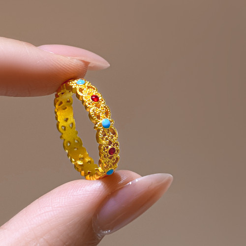 沙金琺瑯彩花絲戒指女輕奢高級感2025新款爆款小衆設計開口食指戒