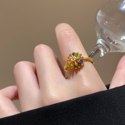 彩色鋯石花朵開口食指戒指女款小衆設計輕奢高級感可旋轉調節尾戒