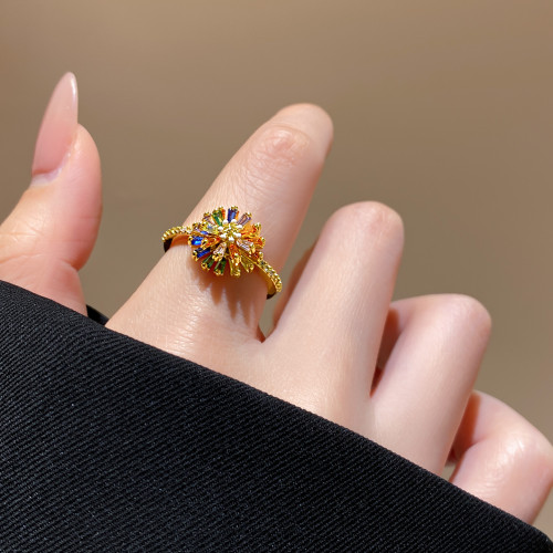 彩色鋯石花朵開口食指戒指女款小衆設計輕奢高級感可旋轉調節尾戒