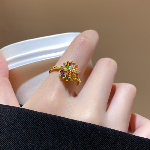 彩色鋯石花朵開口食指戒指女款小衆設計輕奢高級感可旋轉調節尾戒