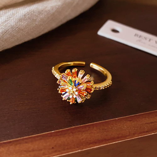 彩色鋯石花朵開口食指戒指女款小衆設計輕奢高級感可旋轉調節尾戒