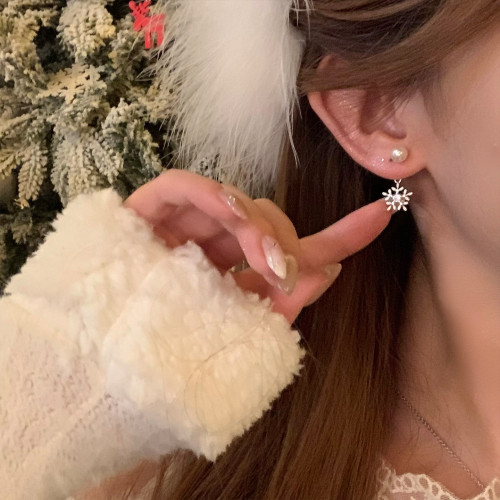精緻閃鋯雪花珍珠吊墜後掛式耳釘女輕奢高級感耳環無耳洞耳夾耳飾
