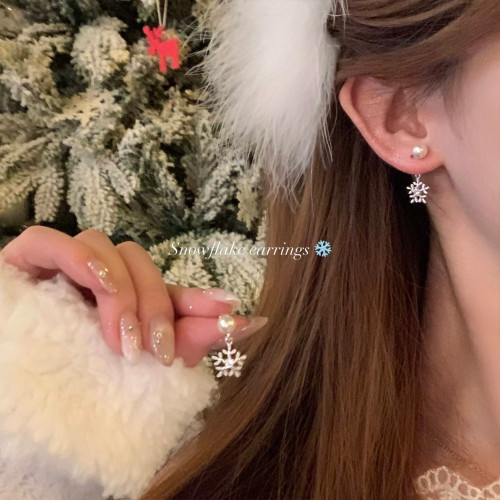 精緻閃鋯雪花珍珠吊墜後掛式耳釘女輕奢高級感耳環無耳洞耳夾耳飾