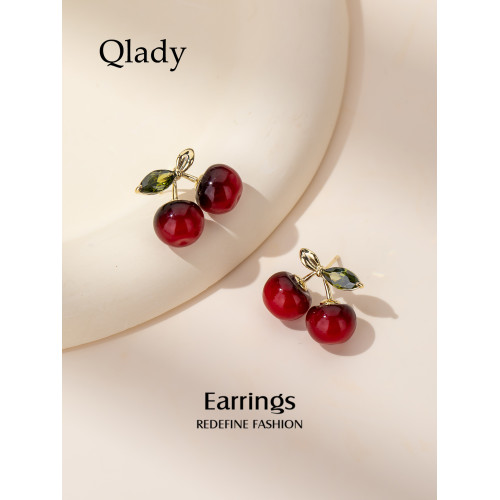 櫻桃紅色耳飾女銀耳釘耳環2026新款爆款高級感輕奢秋冬新年耳墜