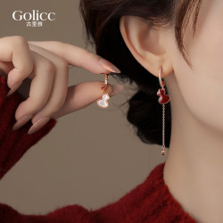 玄學招財雙面貝殼紅色葫蘆流蘇耳墜耳環女不對稱耳飾新年喜慶耳釘