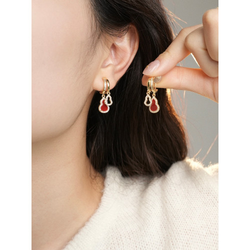 因缺斯汀【紅金福祿】新中式紅金撞色葫蘆耳釘氣質百搭無耳洞耳夾