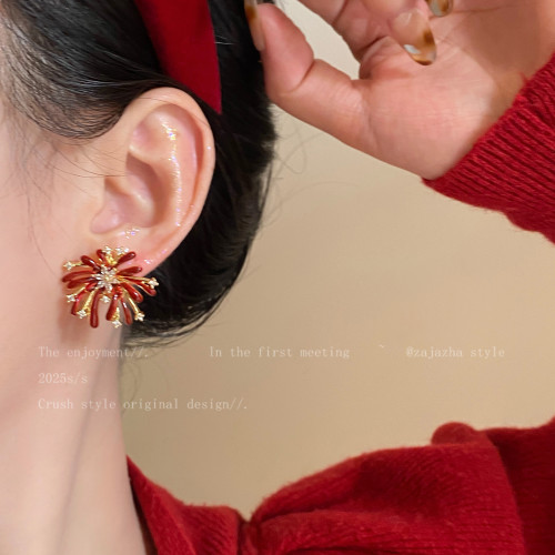 酒紅色新年菸花耳釘女獨特小衆耳環2026新款輕奢高級感巨好看耳飾 酒紅色新年菸花耳釘女獨特小衆耳環2026新款輕奢高級感巨好看耳飾