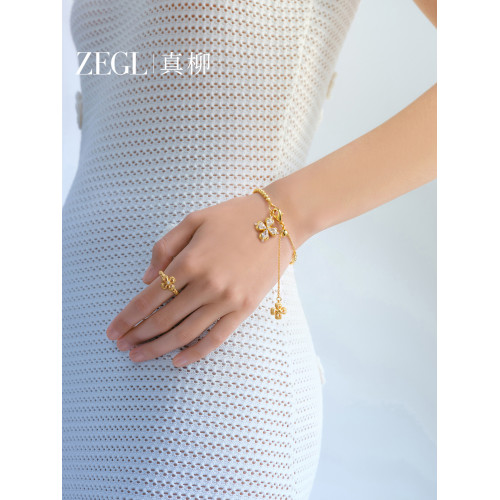 ZEGL幸運光跡系列金色四葉草戒指輕奢高級感復古指環秋冬曡戴套戒