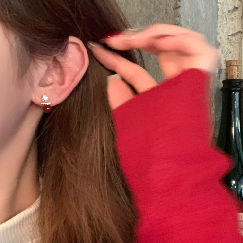 復古紅色珍珠閃鋯星星耳釘女輕奢高級感獨特漂亮耳環小衆設計耳飾