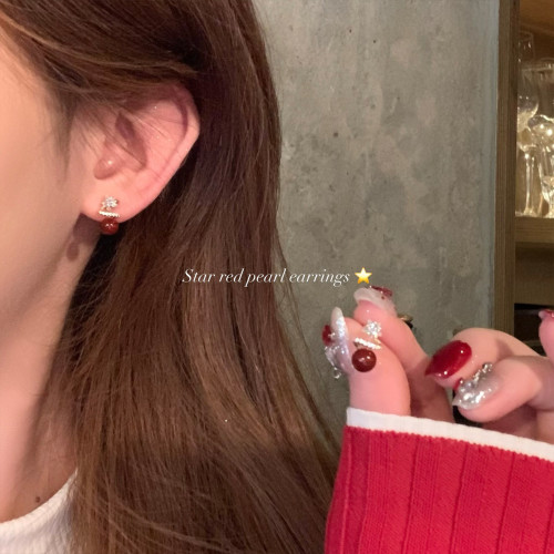 復古紅色珍珠閃鋯星星耳釘女輕奢高級感獨特漂亮耳環小衆設計耳飾