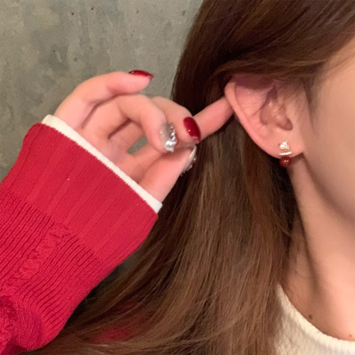 復古紅色珍珠閃鋯星星耳釘女輕奢高級感獨特漂亮耳環小衆設計耳飾