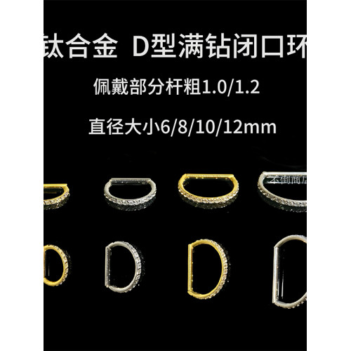 F136鈦合金D型滿鑽耳圈直針耳環耳釦鼻環脣環養耳防敏睡覺免摘