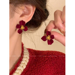 秋冬新款爆款耳環新年耳釘紅色耳釘過年高級感女植絨花朵2025耳飾