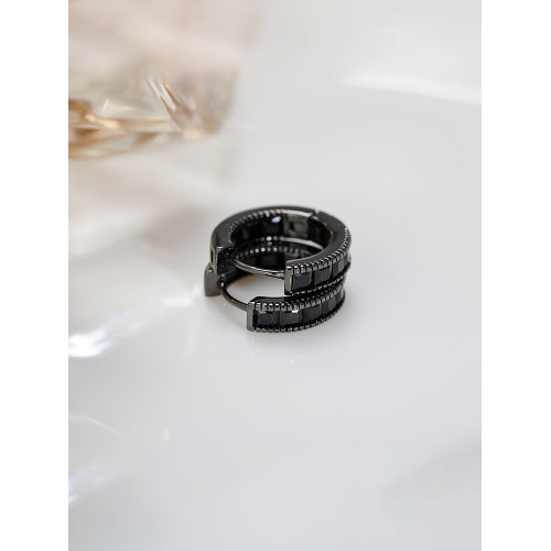 Z小姐925銀針黑色鋯石耳釦耳環2025年新款潮圈圈耳釘圓圈耳圈耳飾