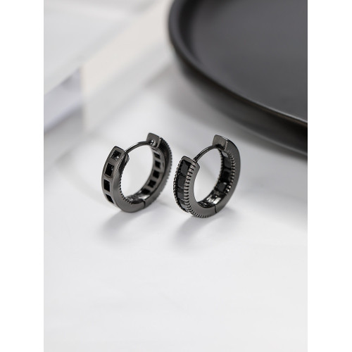 Z小姐925銀針黑色鋯石耳釦耳環2025年新款潮圈圈耳釘圓圈耳圈耳飾