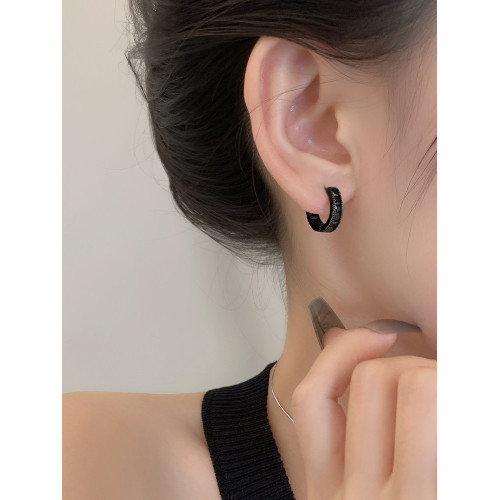 Z小姐925銀針黑色鋯石耳釦耳環2025年新款潮圈圈耳釘圓圈耳圈耳飾