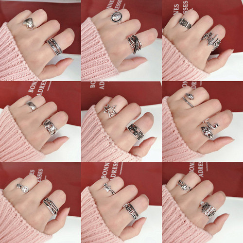 戒指女時尚個性 古銀做舊可開口笑臉多層ins風潮韓國復古龐克指環